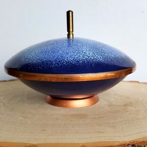 Mid Century Vintage Copper Cobalt Blue Enameled Covered Candy Dish West Germany